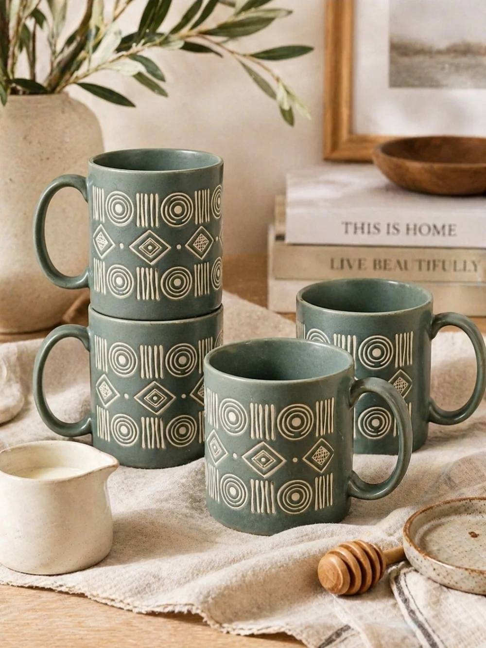 Pottery Barn Bongo Green Mugs Set 4 Japan Boho Geometric Stoneware